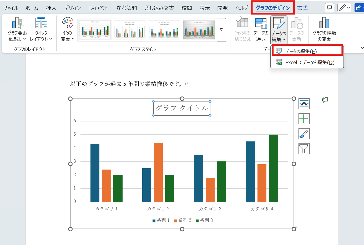 グラフのデータを再編集したい場合のタブ